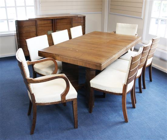 An Art Deco walnut dining room suite, table extended 7ft x 3ft x 2ft 6in.